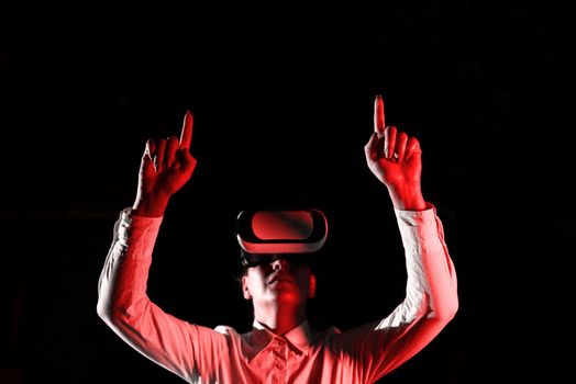 Woman Wearing Vr Glasses And Pointing On Important Messages With Two Fingers. Businesswoman Having Virtual Reality Eyeglasses And Showing Crutial Informations.
