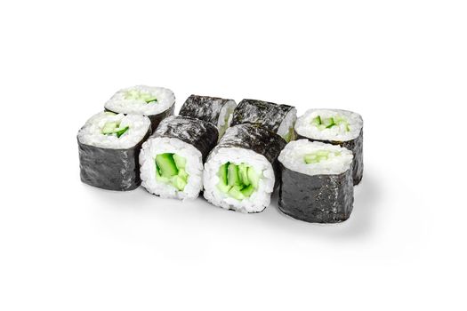 Vegetarian maki rolls with fresh cucumbers and rice wrapped in nori
