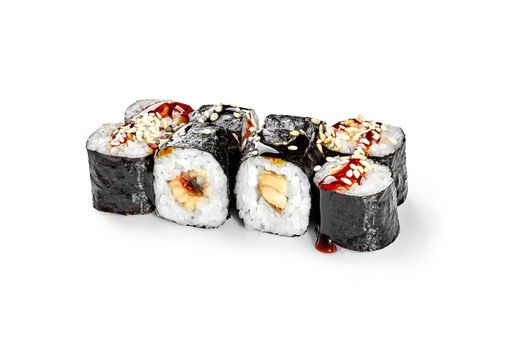 Maki rolls with eel fillet dressed with unagi sauce and sesame