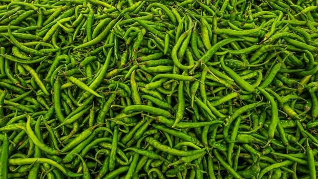 Green chilli peppers in Indian market.