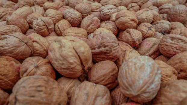 Bunch of whole walnuts. Healthy diet composition, background.