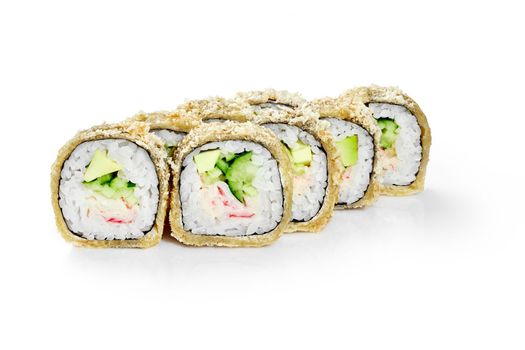 Deep-fried California sushi rolls with surimi crab, avocado and cucumbers