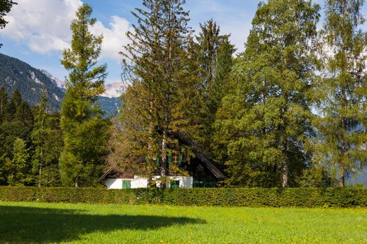 View of Slovenian chalet in Bohinj