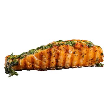 Portion of grilled salmon steak with herbs