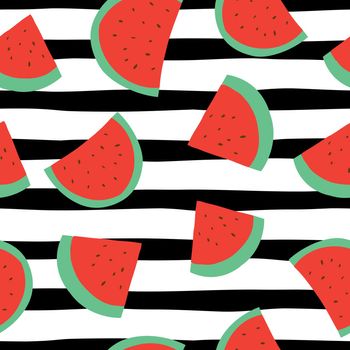 Watermelon seamless pattern on black stripes background