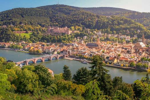 Medieval Heidelberg old town from above, Germany