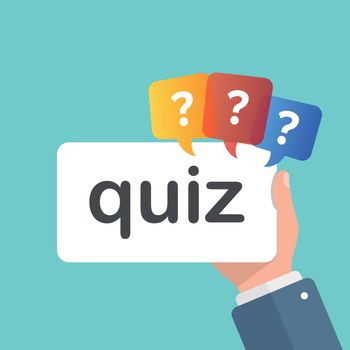 Hand holding placard with quiz text icon in flat style. Questionnaire vector illustration on isolated background. Exam interview sign business concept.