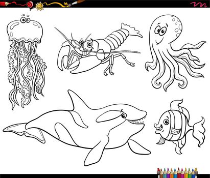 cartoon sea life animal characters set coloring page