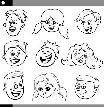 cartoon children or teens faces set coloring page