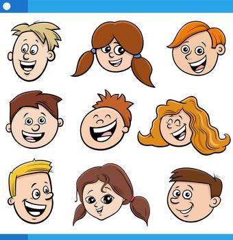 cartoon children and teenagers characters faces set