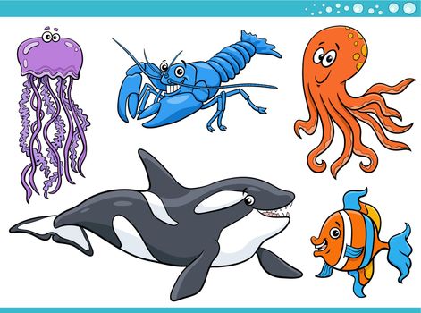 cartoon sea life or marine animal characters set