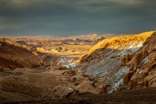 Moon Valley dramatic landscape at Sunset, Atacama Desert, Chile