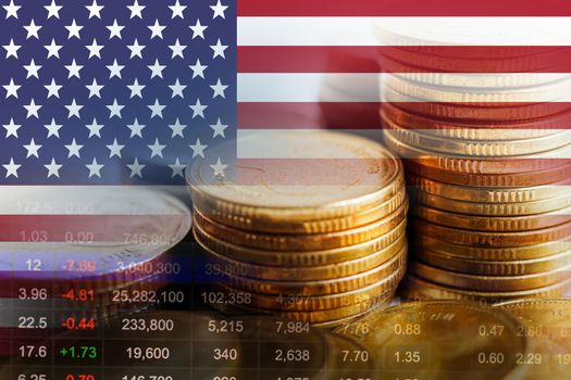 USA America flag with stock market finance, economy trend graph digital technology.