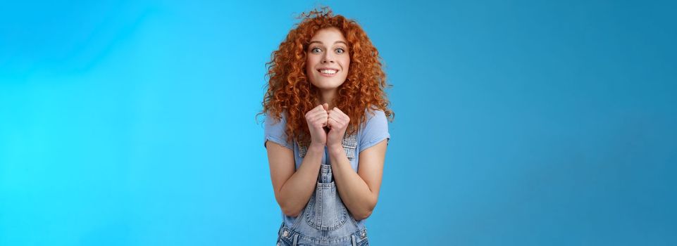 Pretty please buy me that. Amused longing excited redhead cheerful girl clench fists together stare camera desire express aspiration wanna receive buy product standing blue background thrilled