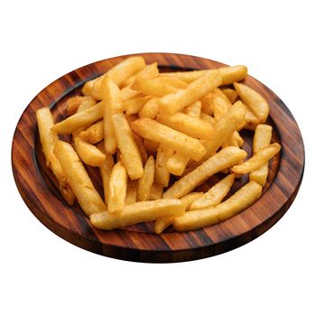 Portion of french potato fries on wooden plate