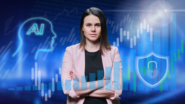 Confident young business woman, artificial intelligence use in business