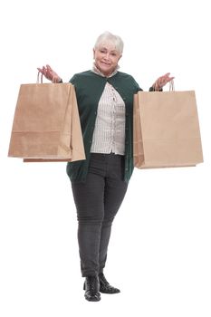 Front view of mature woman shows the paper package