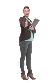 Portrait of smiling businesswoman with pen and clipboard