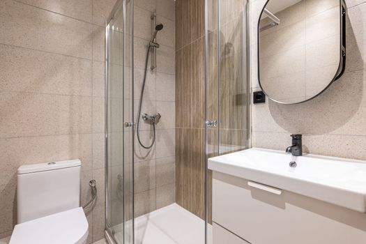 Bathroom close-up with a toilet bowl and a sink made of white durable ceramics. Shower cubicle with lockable glass doors. Larger oval mirror on the wall above the sink.