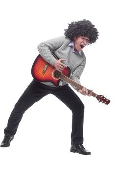 cheerful man with a guitar. isolated on a white