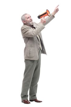 angry businessman with a megaphone. isolated on a white