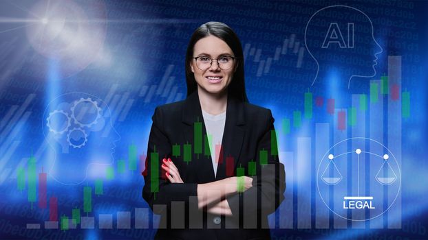 Portrait of confident female lawyer on background with artificial intelligence ship legal