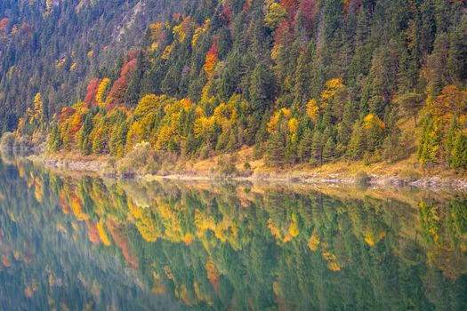 Alpsee lake reflection in Bavarian alps at golden autumn, Bavaria, Germany