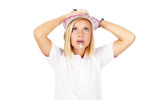 Golf, mistake and game with a sports woman in studio isolated on a white background looking worried. Shocked, surprised and biting a tee with a female golfer standing hands on head on blank space