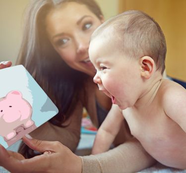 Mother, baby and family for learning, development and pig picture book for fun education and growth. Woman and child in house to bond and play with love, security and care with a smile and happiness