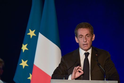 BORDEAUX, FRANCE - NOVEMBER 22, 2014 : Political meeting of the former President of the Republic, Nicolas Sarkozy in Bordeaux with Alain Juppe Mayor of the City