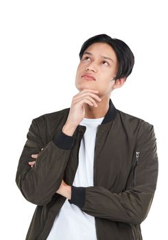 Thinking, idea and Asian man with a problem isolated on a white background in a studio. Solution, decision and thoughtful Japanese person with ideas, planning and problems on a studio background