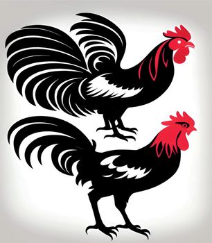 farm animal drawing. Rooster and chicken silhouette.