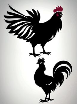 farm animal drawing. Rooster and chicken silhouette.