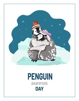 Penguin Awareness Day, cute funny cartoon emperor penguin chicks, boy, girl, in knitted hats