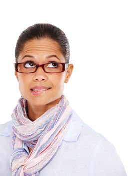 Thinking, glasses and mockup with a black woman in studio isolated on a white background for product placement. Idea, eyewear and frame with a female on space for marketing, advertising or branding