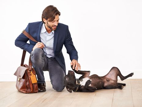 Have you been a good boy. A handsome businessman greeting his playful dog with a belly rub.
