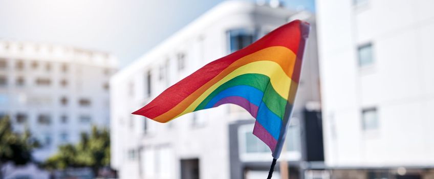 Be loud and proud. LGBTQ flag being flown during a protest.