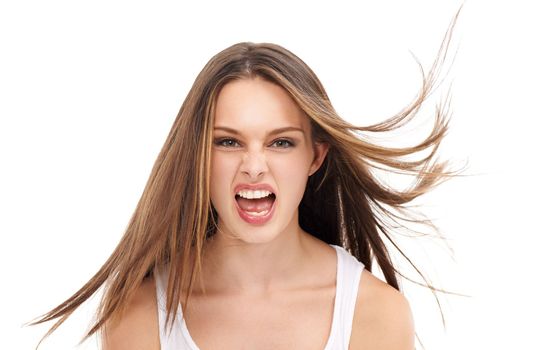 Mental health, hair and portrait of woman screaming in anger or frustration, rage on isolated on white background. Stress, anxiety and frustrated angry woman with burnout and raging scream in studio.