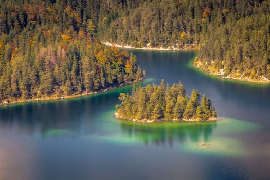 Eibsee lake from above Zugspitze at dramatic autumn landscape, Garmisch, Germany