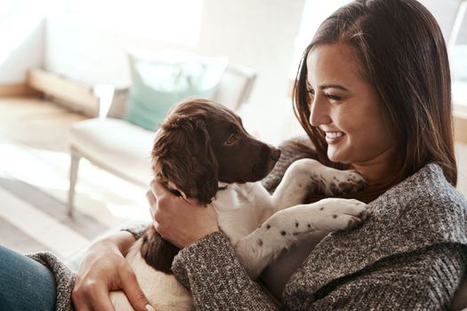 Pet, smile and dog mom in a home on a living room couch with dog bonding with care. Animal love, puppy and person with happiness at home with a smile from animals on lounge sofa together feeling calm.