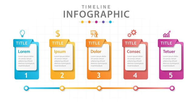 Infographic template 5 steps modern Timeline Roadmap diagram with boxes.