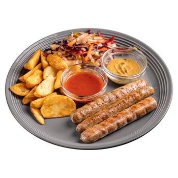 Isolated portion of grilled sausages with potato