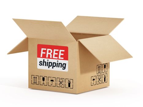 Cardboard box with free shipping text isolated on white background. 3D illustration