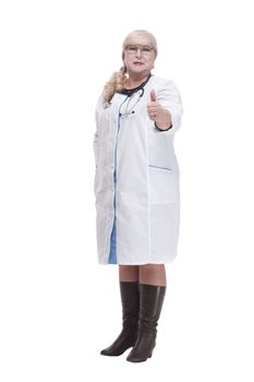 Mature female paramedic with a stethoscope . isolated on a white