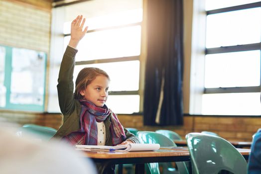 Shes always got an answer. an adorable elementary schoolgirl raising her hand in class.