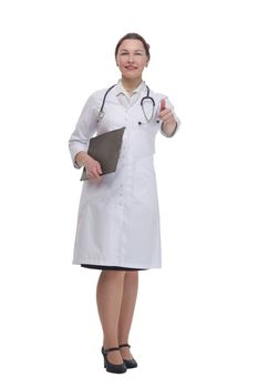 in full growth. female doctor with clipboard.