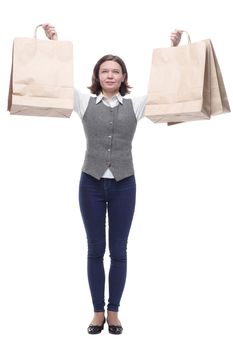 casual mature woman with shopping bags . isolated on a white