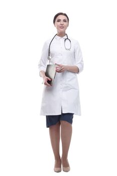 in full growth. female doctor with clipboard.