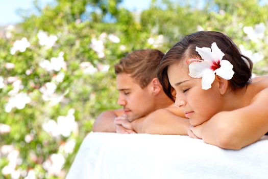 Sharing spa daydreams. Relaxed young couple waiting for spa treatment.