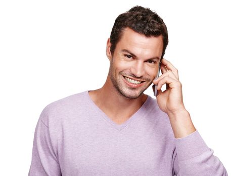 Phone call, conversation and man portrait with smile and contact talking on tech with white background. Isolated, happiness and communication of a person on mobile phone speaking with mockup.